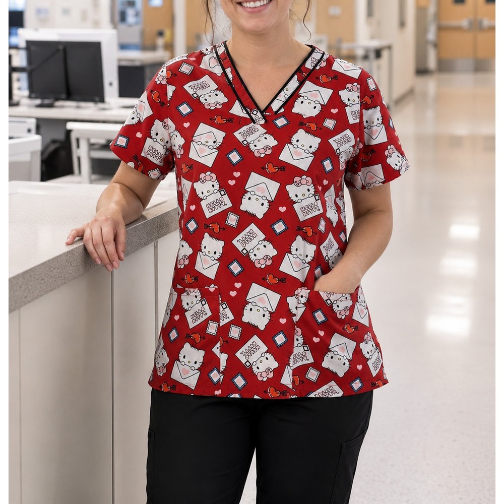 Hello Kitty Sanrio Women's M Scrub Top All Over Print Red Medium Medical Uniform